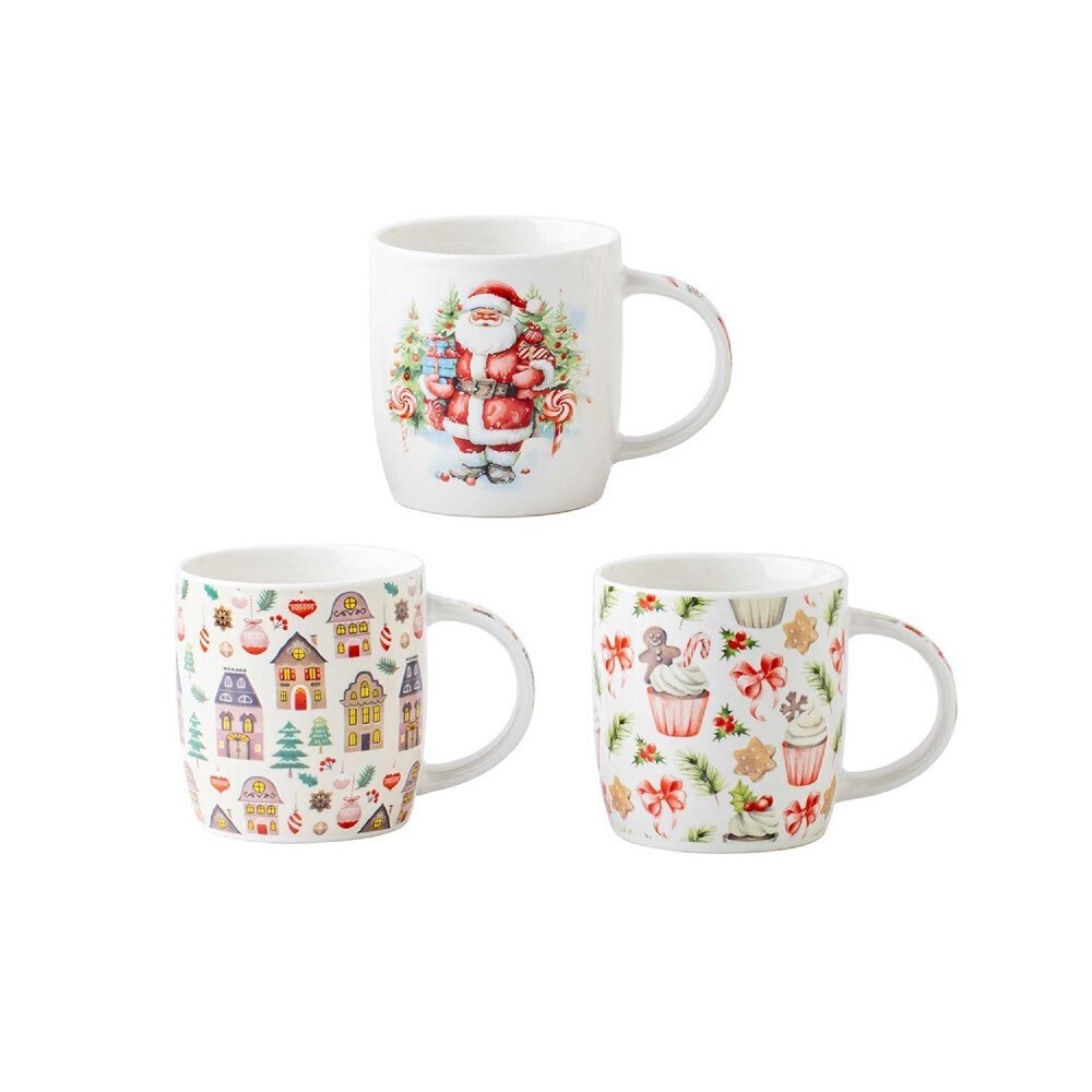 Σετ 3 Χριστουγεννιάτικες Κούπες Πορσελάνης 350ml με Συσκευασίες Δώρου - Marva Pink Christmas