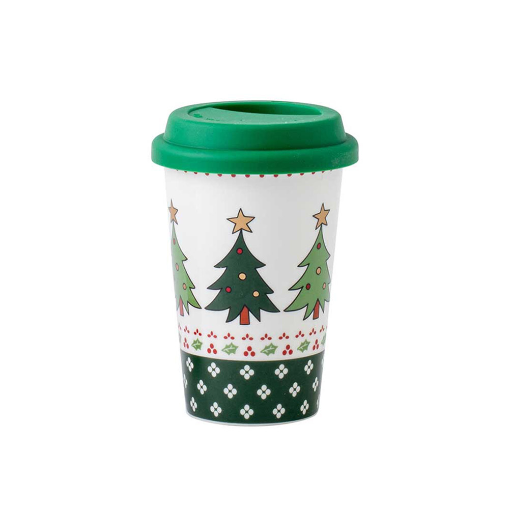 Χριστουγεννιάτικο Ποτήρι Πορσελάνης 390ml με Καπάκι Σιλικόνης - Marva Christmas Green