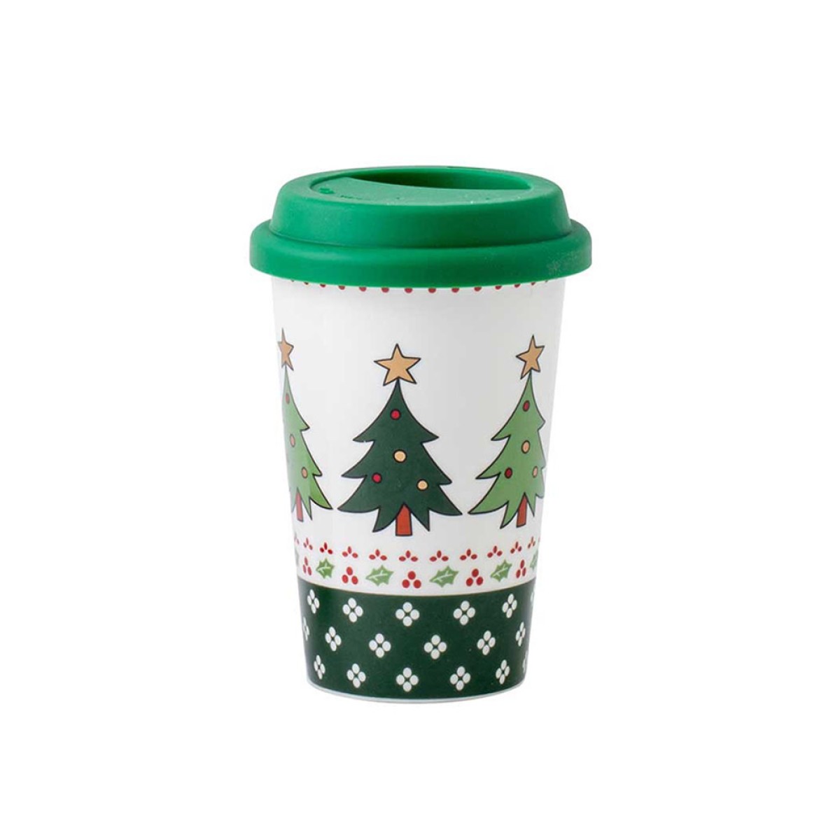 Χριστουγεννιάτικο Ποτήρι Πορσελάνης 390ml με Καπάκι Σιλικόνης - Marva Christmas Green