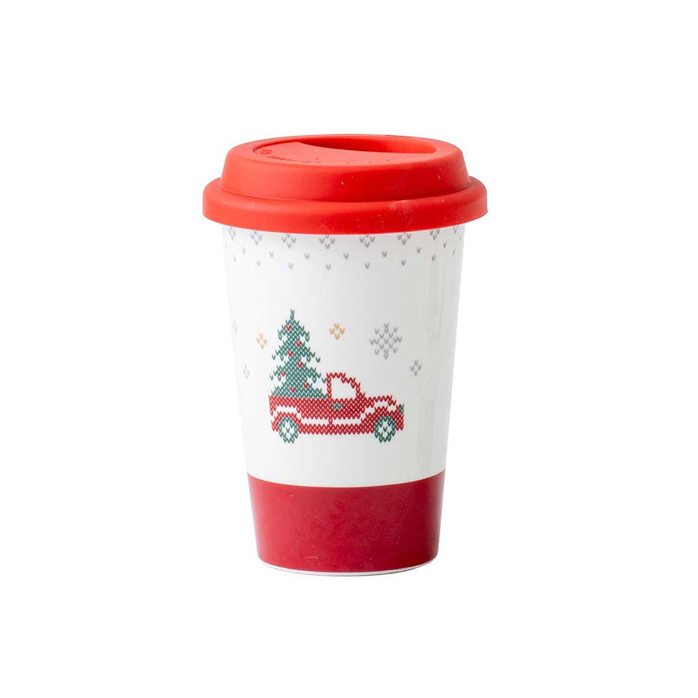 Χριστουγεννιάτικο Ποτήρι Πορσελάνης 390ml με Καπάκι Σιλικόνης - Marva Christmas Red