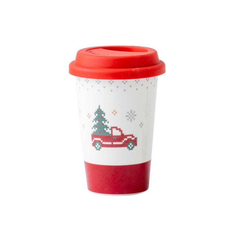 Χριστουγεννιάτικο Ποτήρι Πορσελάνης 390ml με Καπάκι Σιλικόνης - Marva Christmas Red