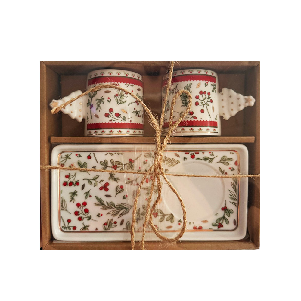 Marva Σετ 2 Χριστουγεννιάτικα Φλιτζάνια Πορσελάνινα με Πιατελίτσες σε Κουτί - Κομψό Δώρο για Καφέ & Τσάι