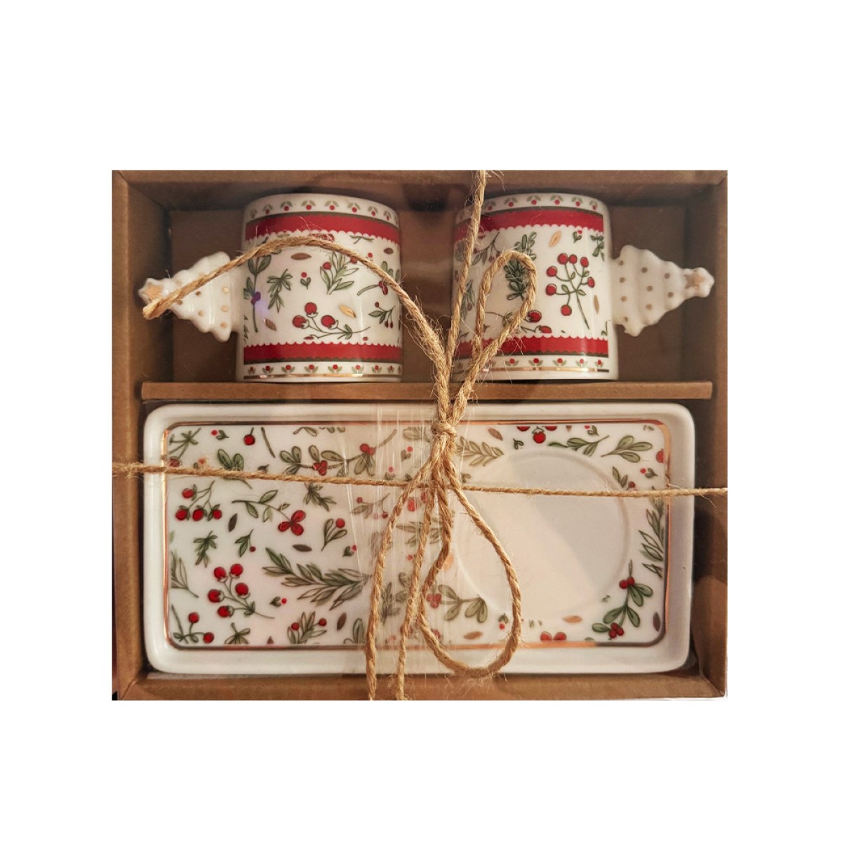 Marva Σετ 2 Χριστουγεννιάτικα Φλιτζάνια Πορσελάνινα με Πιατελίτσες σε Κουτί - Κομψό Δώρο για Καφέ & Τσάι