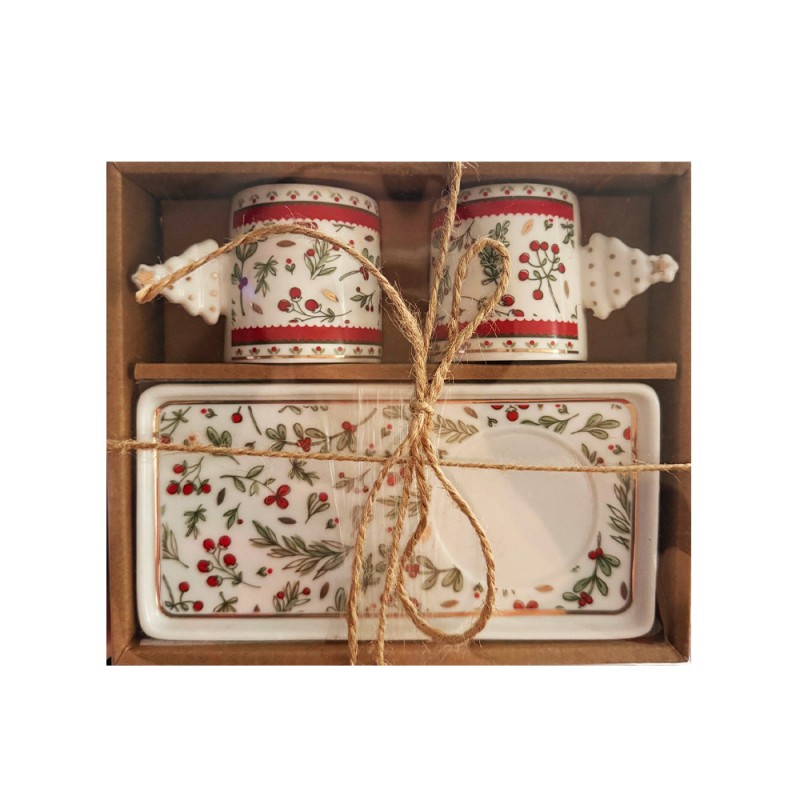 Marva Σετ 2 Χριστουγεννιάτικα Φλιτζάνια Πορσελάνινα με Πιατελίτσες σε Κουτί - Κομψό Δώρο για Καφέ & Τσάι