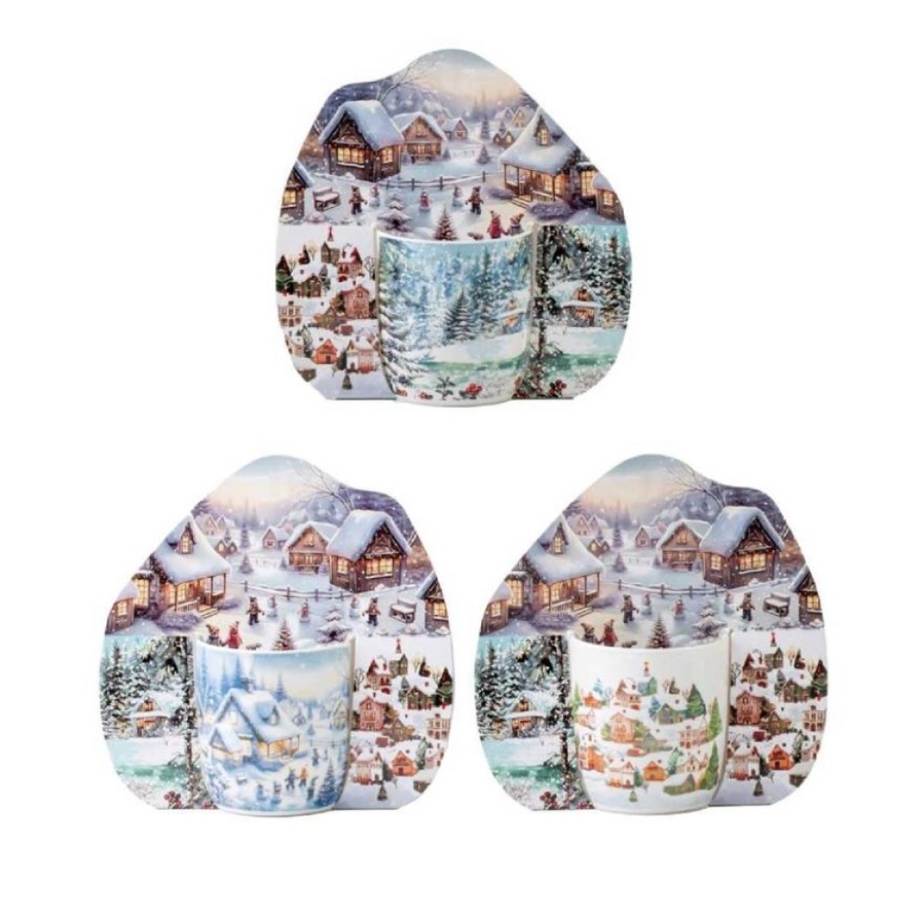 Σετ 3 Χριστουγεννιάτικες Κούπες Πορσελάνης 350ml με Συσκευασίες Δώρου - Marva Winter Scenes