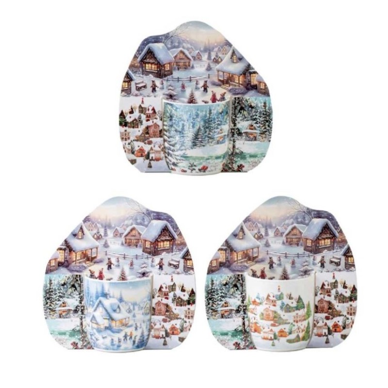 Σετ 3 Χριστουγεννιάτικες Κούπες Πορσελάνης 350ml με Συσκευασίες Δώρου - Marva Winter Scenes