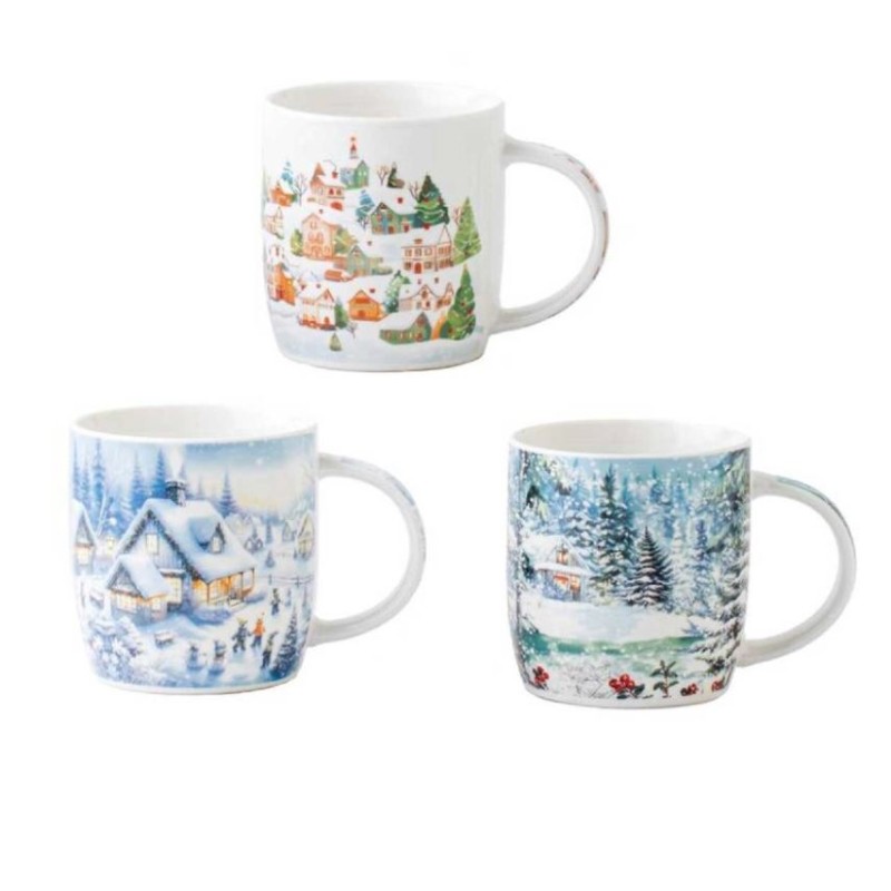 Σετ 3 Χριστουγεννιάτικες Κούπες Πορσελάνης 350ml με Συσκευασίες Δώρου - Marva Winter Scenes