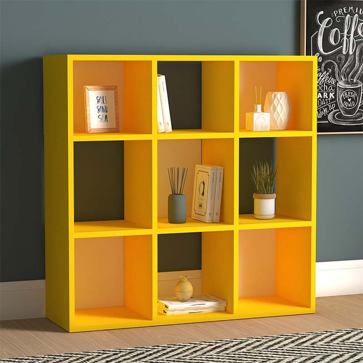 Βιβλιοθήκη Cube  από μελαμίνη χρώμα κίτρινο 90x30x90εκ.
