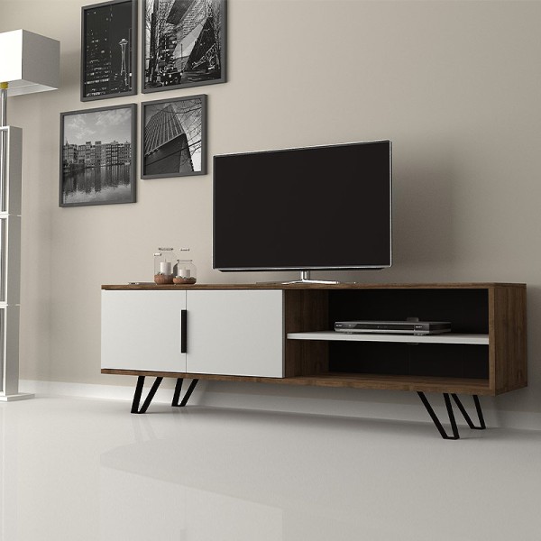 Έπιπλο τηλεόρασης Foot Megapap χρώμα καρυδί - λευκό 160x35x49εκ.