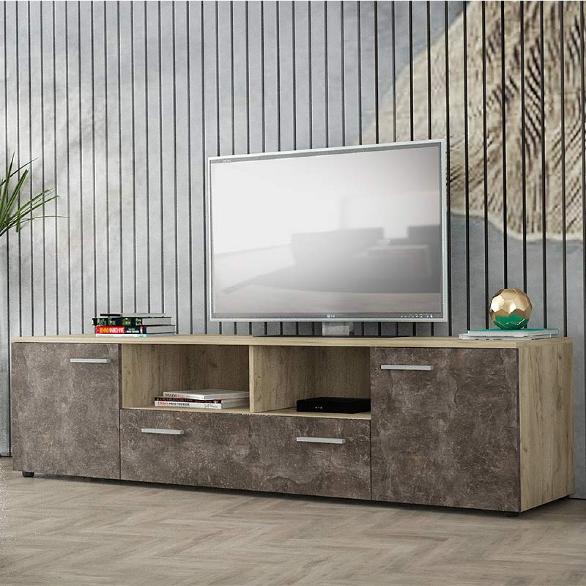 Έπιπλο τηλεόρασης μελαμίνης Lennox  χρώμα γκρι oak - dark atelier 180x41x45εκ.