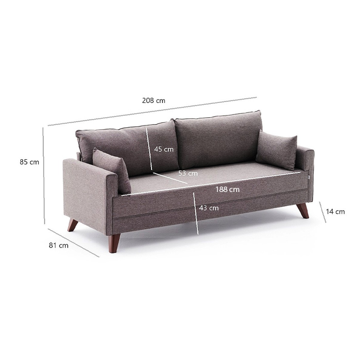Καναπές Bella Megapap τριθέσιος υφασμάτινος χρώμα καφέ 208x81x85εκ.
