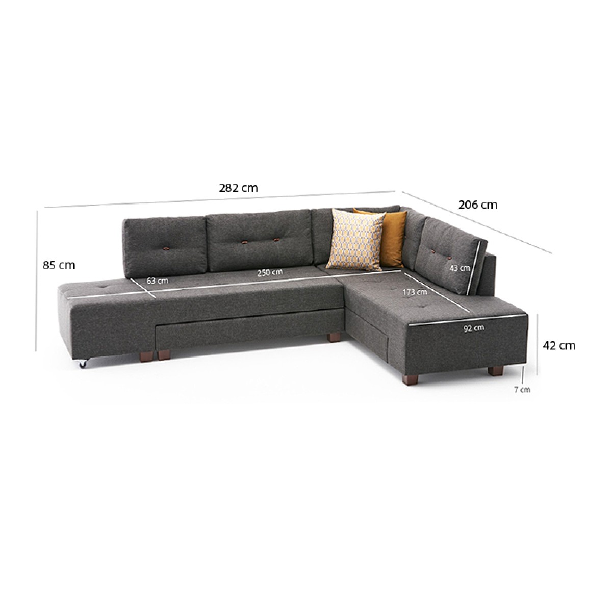 Γωνιακός καναπές - κρεβάτι Manama  δεξιά γωνία υφασμάτινος χρώμα ανθρακί 280x206x85εκ.