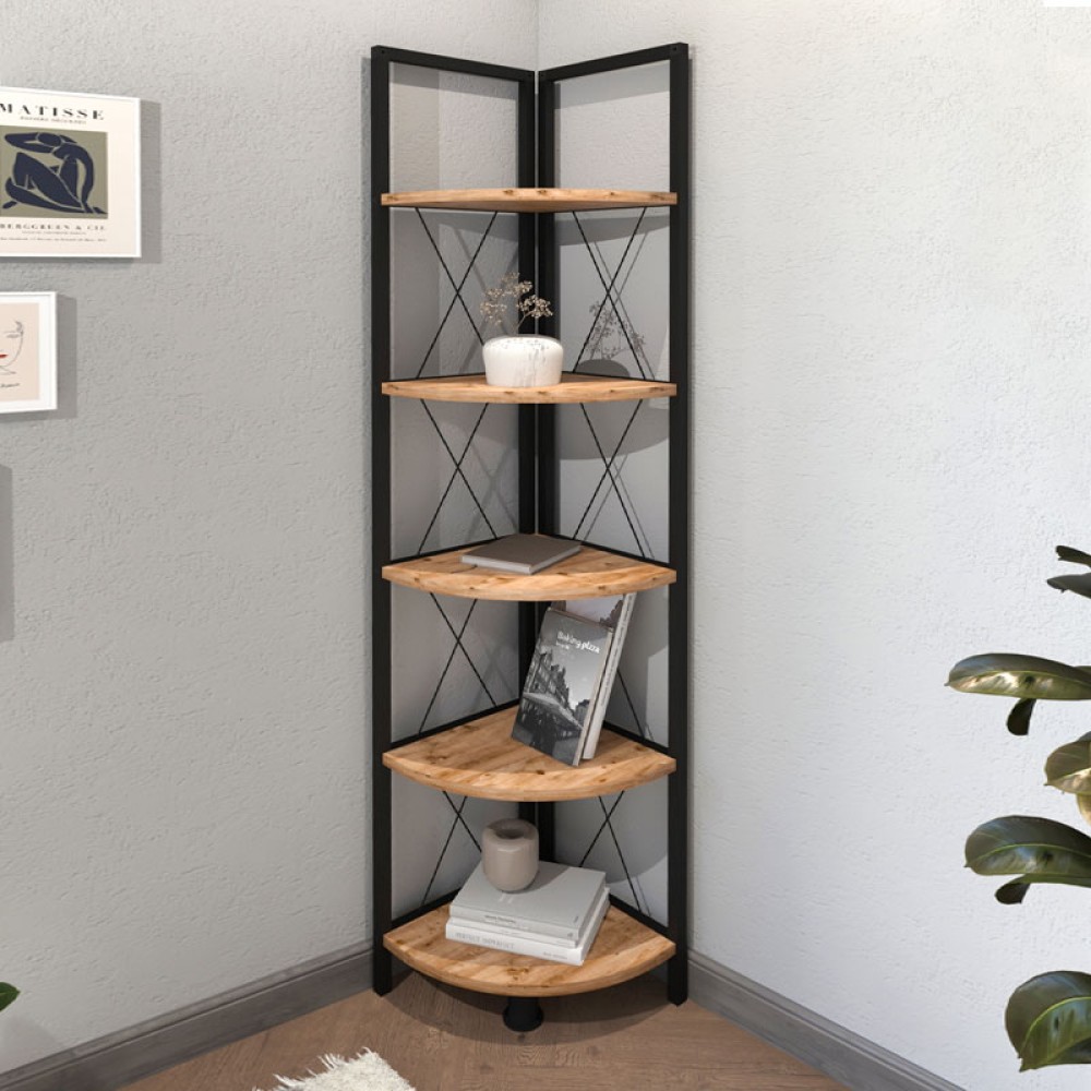 Βιβλιοθήκη γωνιακή Kelsie Megapap χρώμα μαύρο - pine oak 33x33x162εκ.