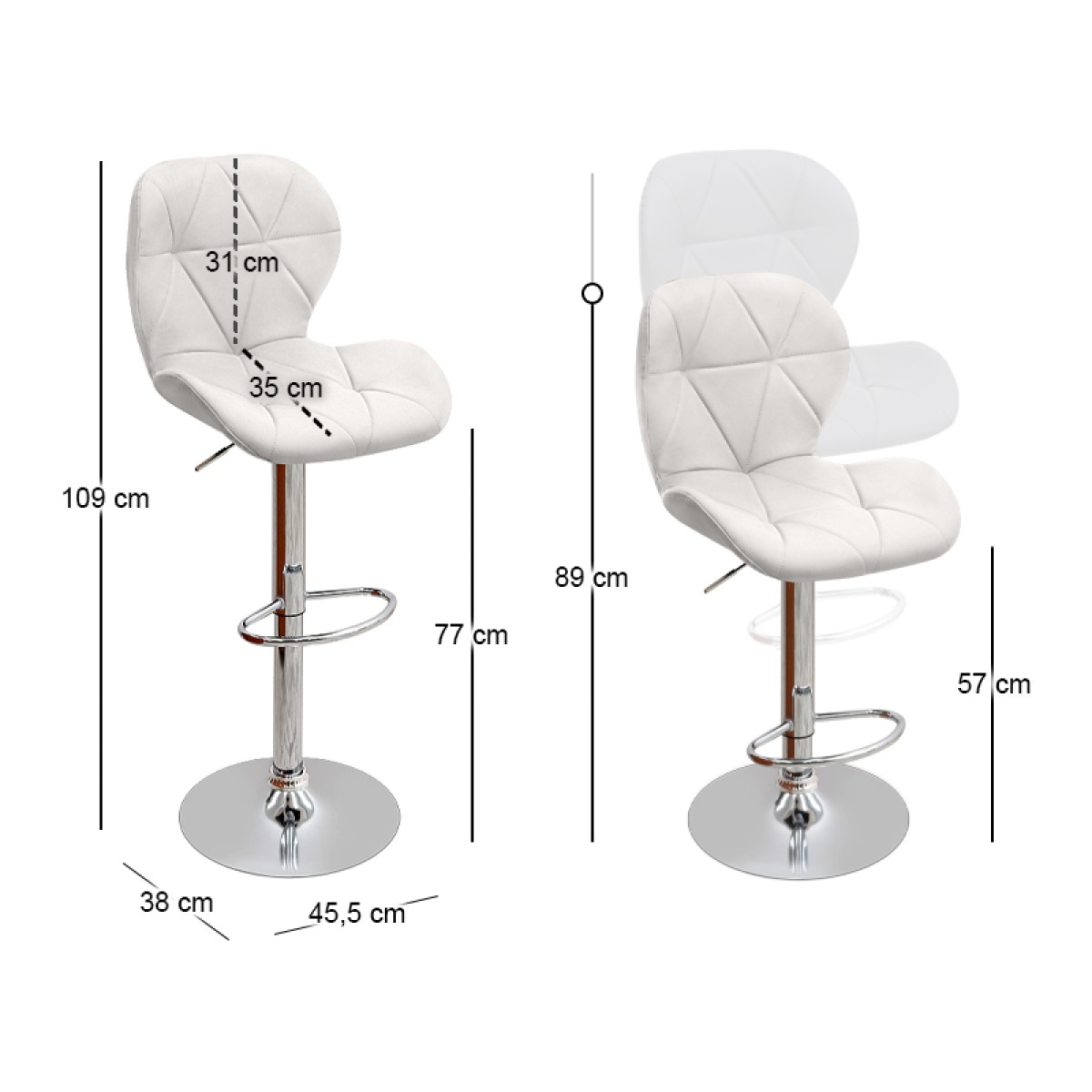 Σκαμπό μπαρ Dolores Megapap με ρυθμιζόμενο ύψος PU λευκό - βάση χρωμίου 45,5x38x89/109εκ.