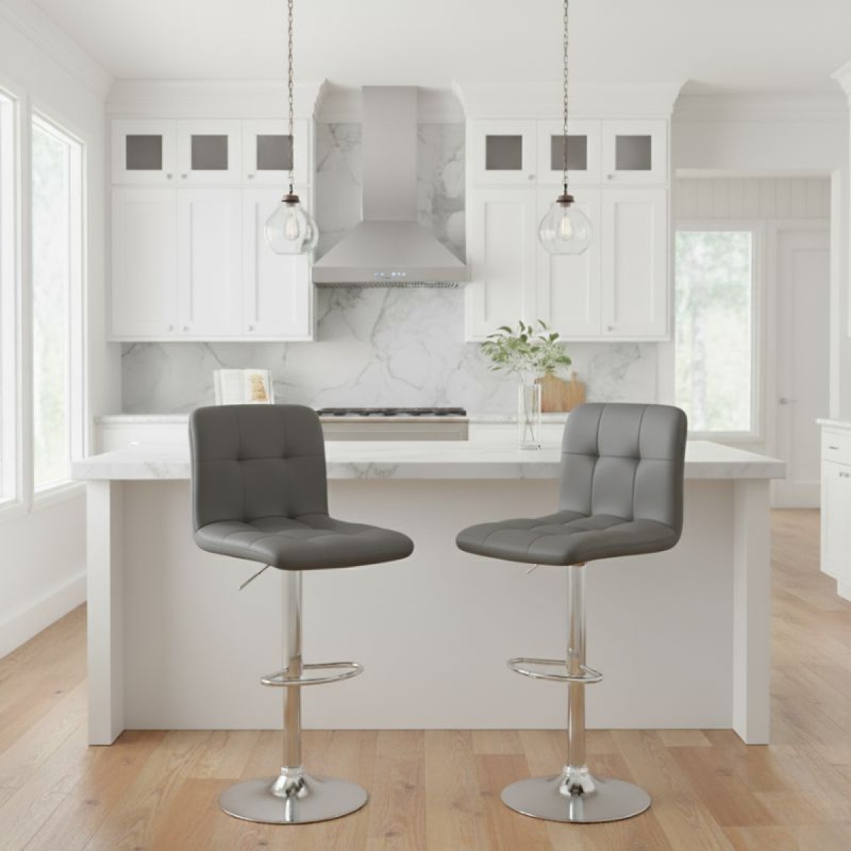 Σκαμπό μπαρ Carmelo Megapap με ρυθμιζόμενο ύψος PU γκρι - βάση χρωμίου 45x42x90/113εκ.