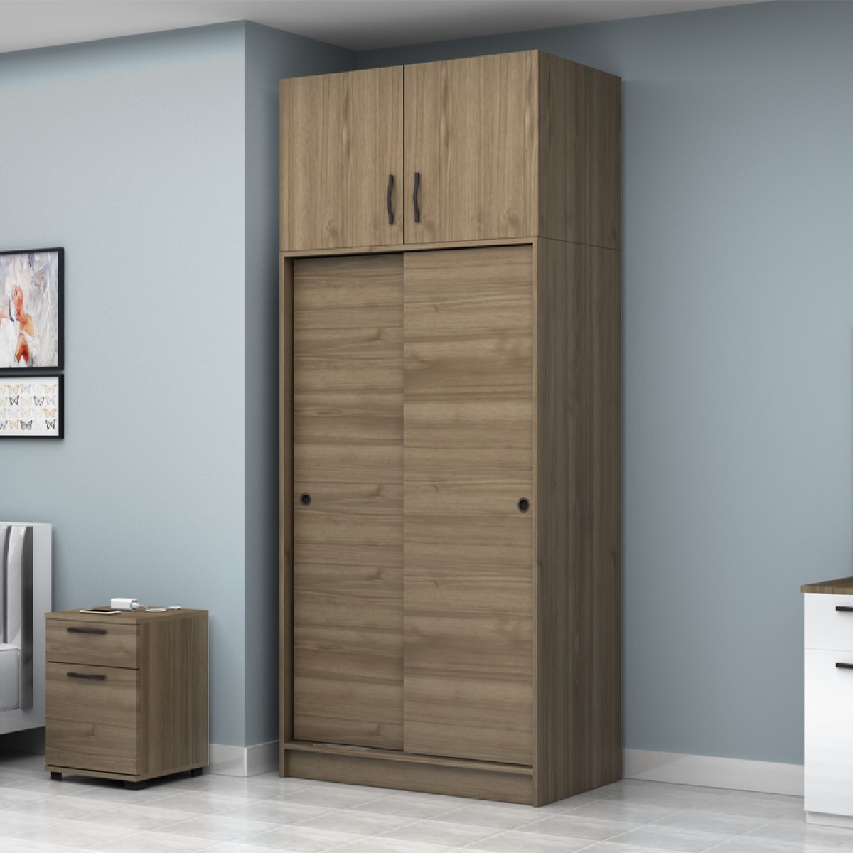 Ντουλάπα ρούχων Regio Megapap δίφυλλη συρόμενη με πατάρι χρώμα καρυδί 100x60x240εκ.