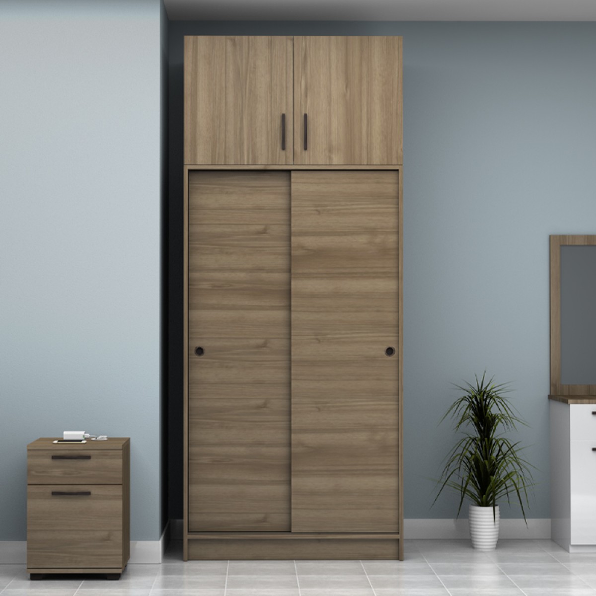 Ντουλάπα ρούχων Regio Megapap δίφυλλη συρόμενη με πατάρι χρώμα καρυδί 100x60x240εκ.