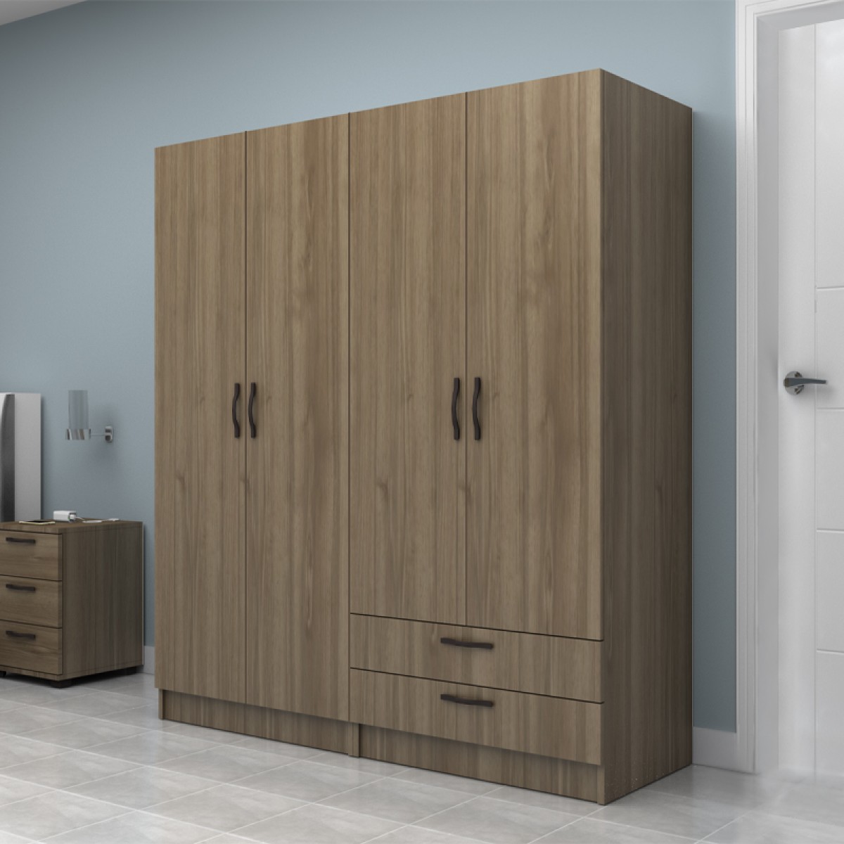 Ντουλάπα ρούχων Vivian Megapap τετράφυλλη με συρτάρια χρώμα καρυδί 160x51,8x181εκ.