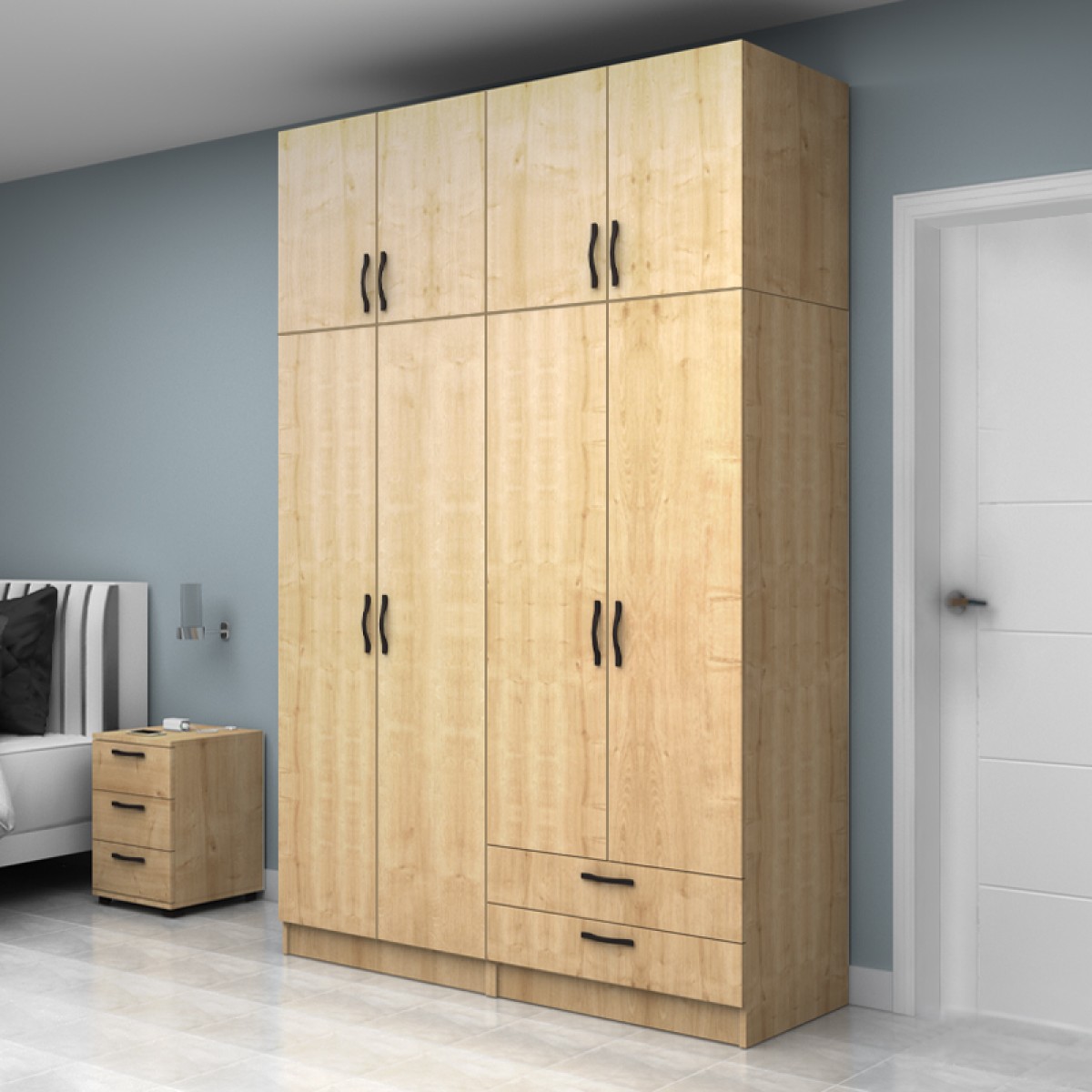 Ντουλάπα ρούχων Vivian Megapap τετράφυλλη με πατάρι και συρτάρια χρώμα φυσικό οξιάς 160x51,8x240εκ.