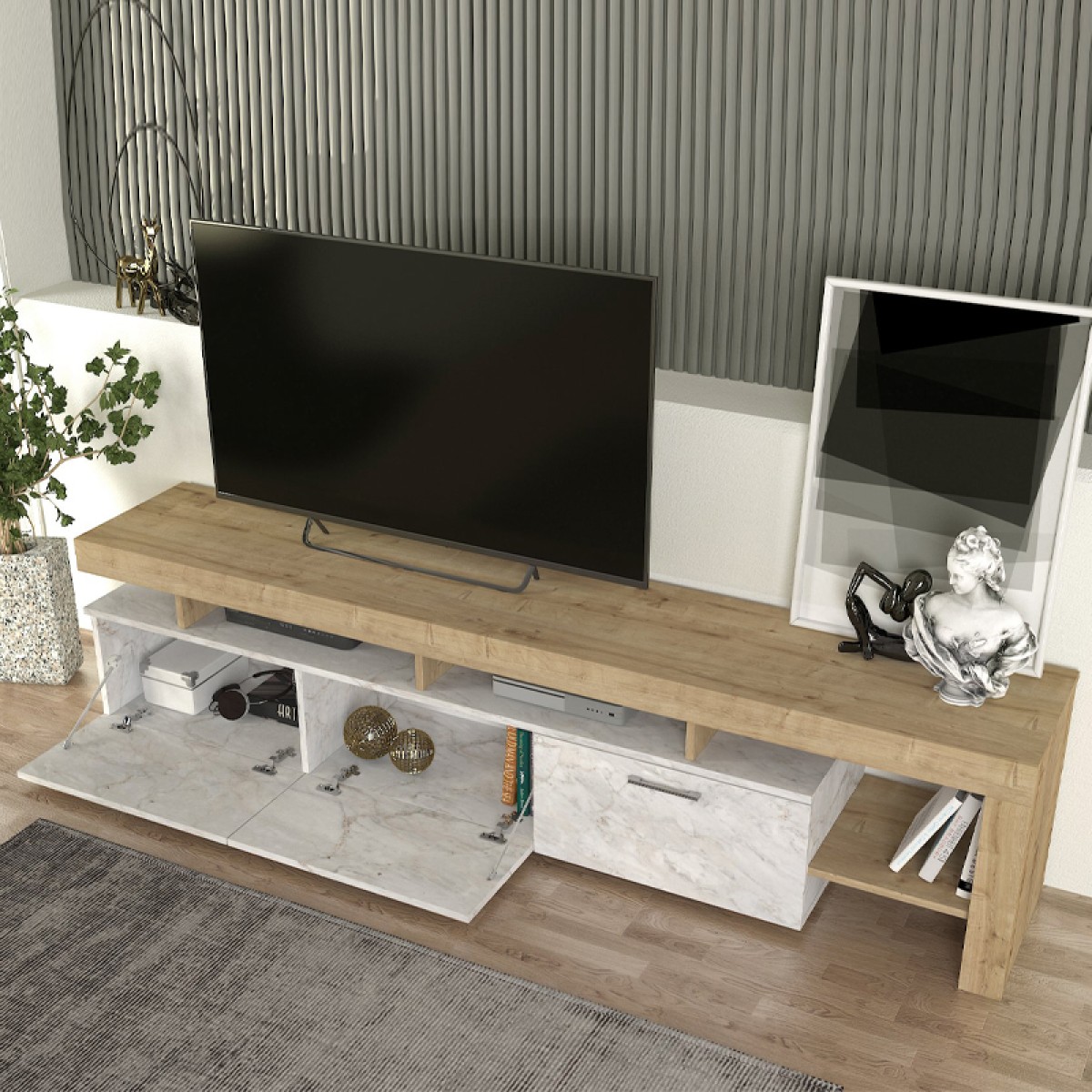 Έπιπλο τηλεόρασης Acnes Megapap χρώμα λευκό εφέ μαρμάρου - sapphire oak 220x40x52εκ.