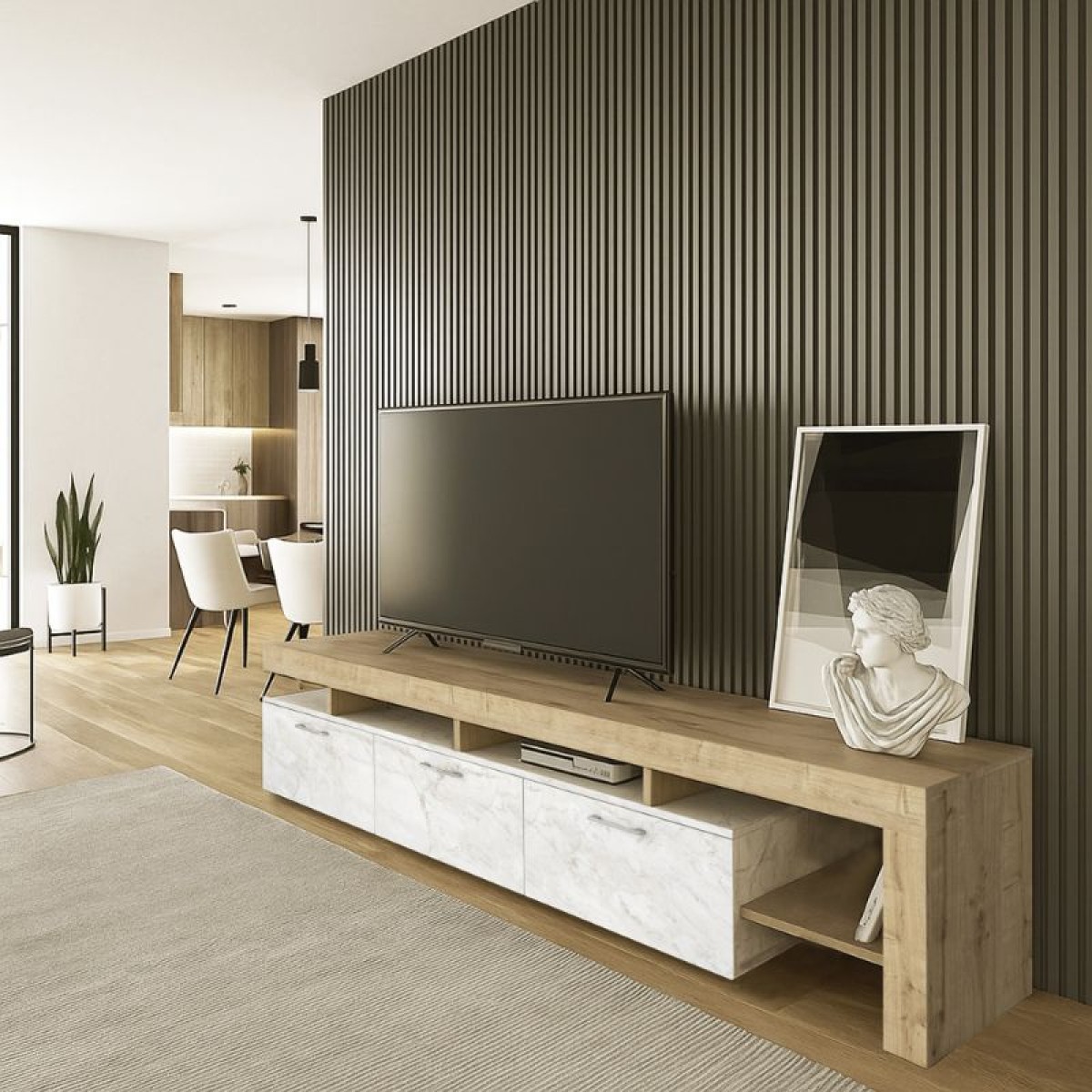 Έπιπλο τηλεόρασης Acnes Megapap χρώμα λευκό εφέ μαρμάρου - sapphire oak 220x40x52εκ.