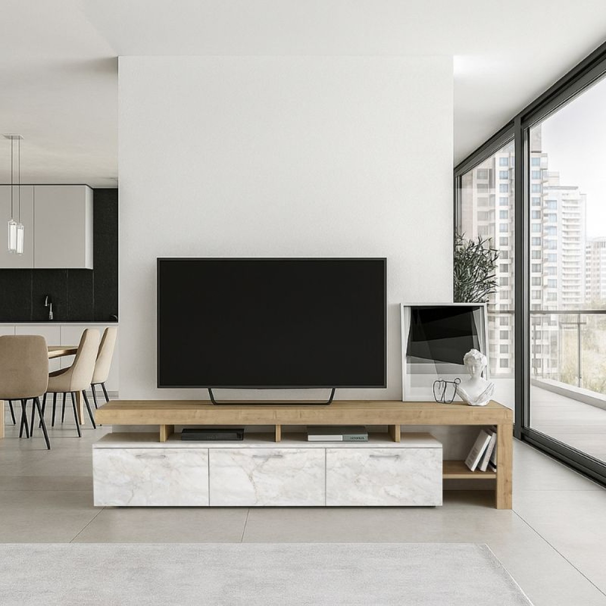 Έπιπλο τηλεόρασης Acnes Megapap χρώμα λευκό εφέ μαρμάρου - sapphire oak 220x40x52εκ.