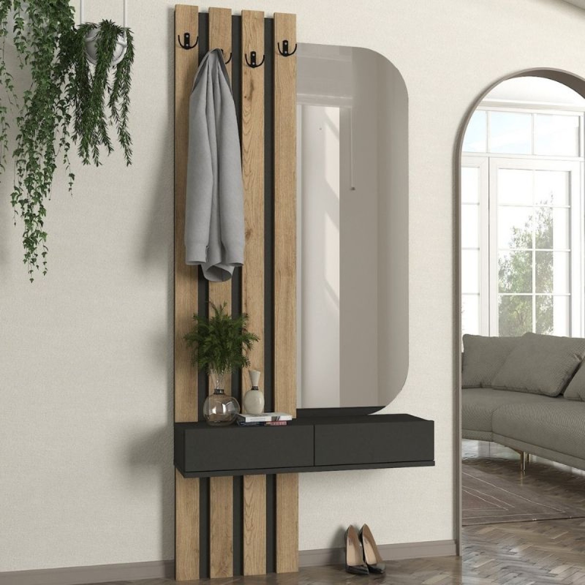 Έπιπλο εισόδου Reyas Megapap χρώμα ανθρακί - sepet oak 90x27x205,6εκ.