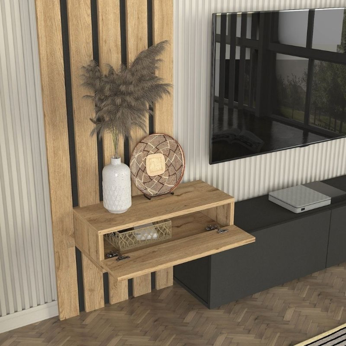 Σύνθεση τηλεόρασης Rosaline Megapap χρώμα ανθρακί - sepet oak 183x31,3x196,9εκ.