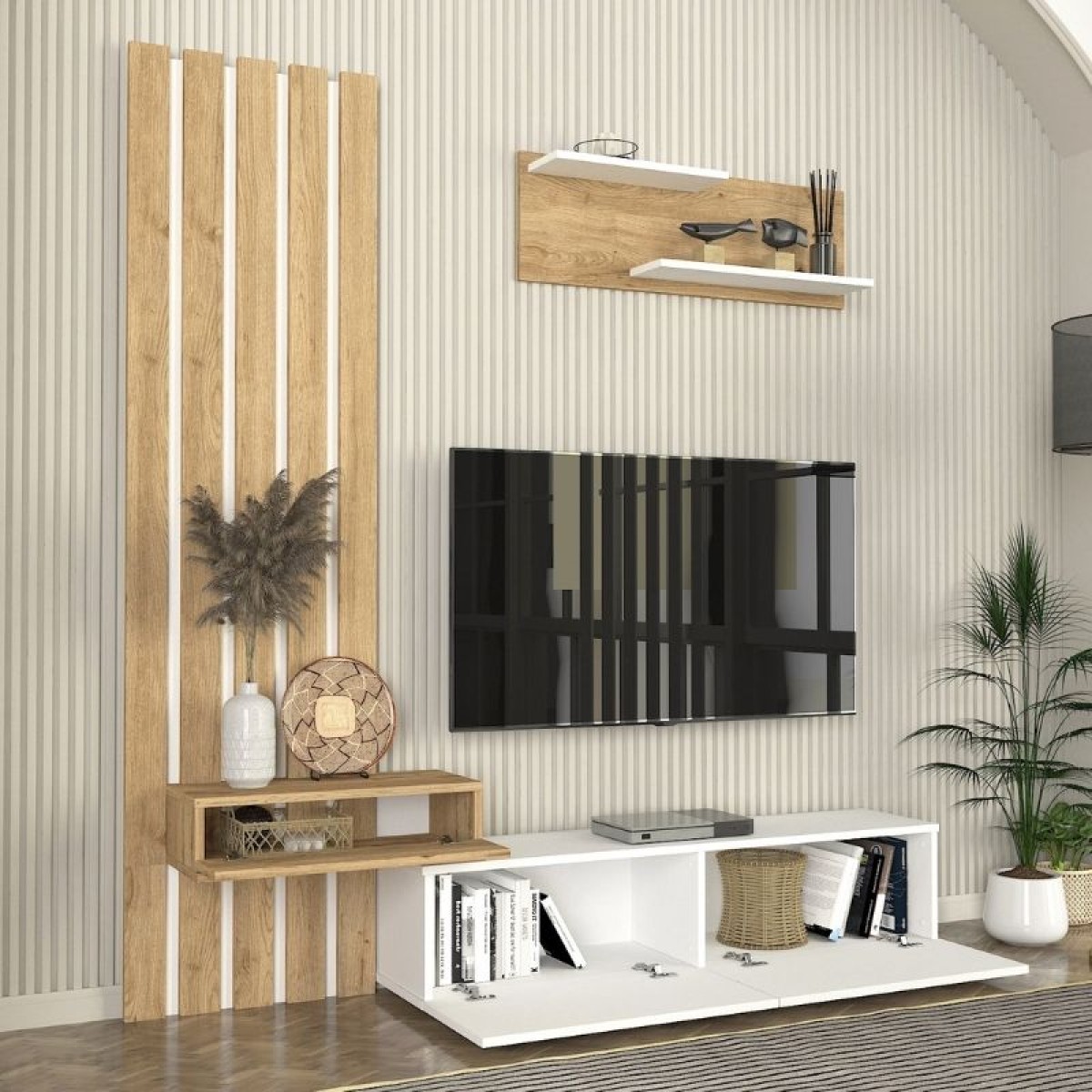 Σύνθεση τηλεόρασης Rosaline Megapap χρώμα λευκό - sepet oak 183x31,3x196,9εκ.