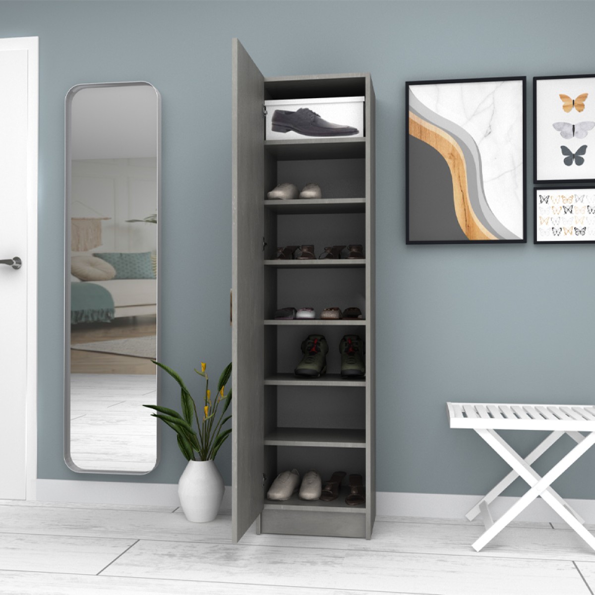 Ντουλάπα ρούχων - παπουτσοθήκη Petro Megapap μονόφυλλη χρώμα γκρι σκυροδέματος 45x38x180εκ.