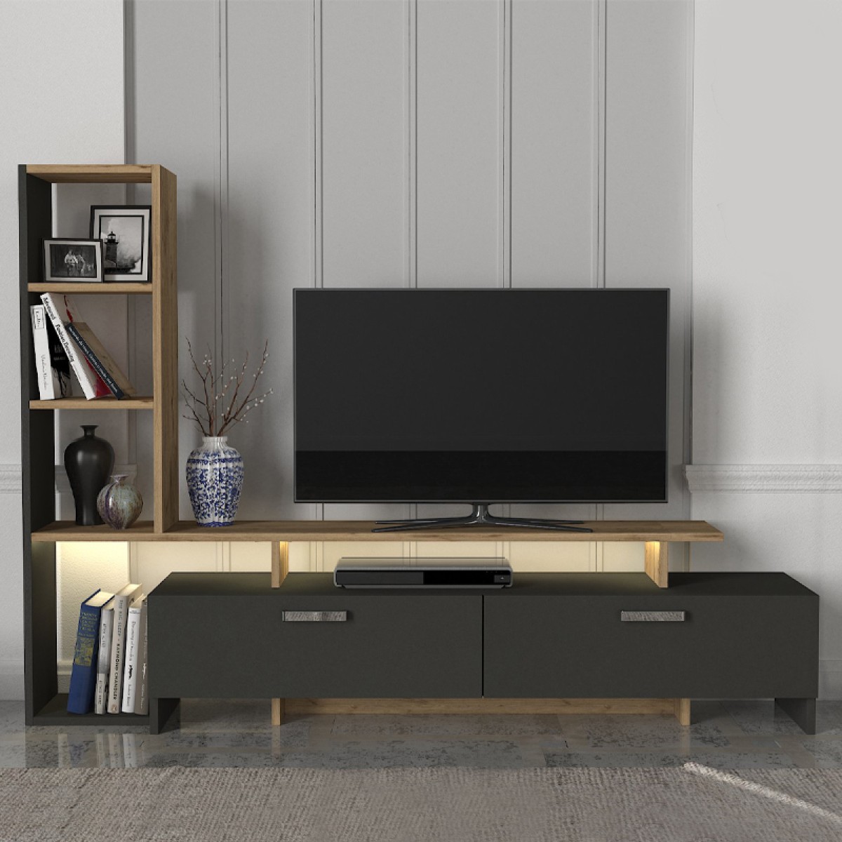 Σύνθεση τηλεόρασης Simal Megapap με LED χρώμα ανθρακί - sepet oak 168,2x31,3x120εκ.