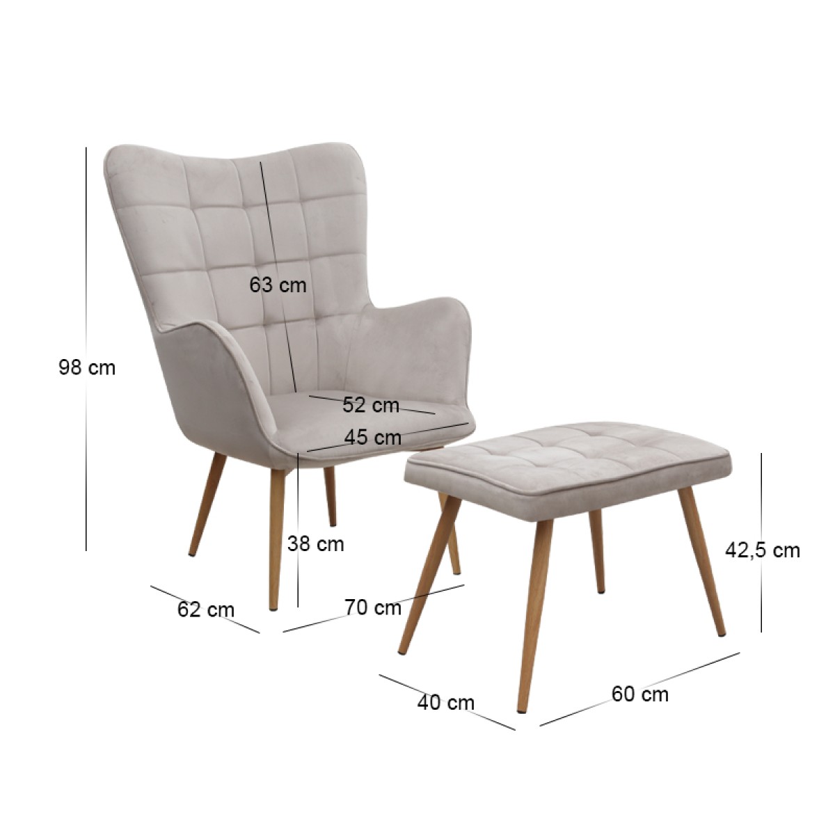 Πολυθρόνα - Μπερζέρα με υποπόδιο Lily Megapap μπεζ βελούδο - μεταλλικό πόδι χρώμα φυσικό 70x62x98εκ.