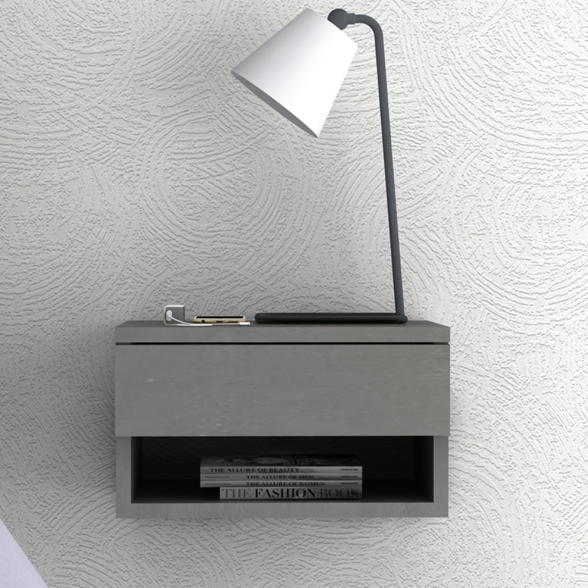 Κομοδίνο επιτοίχιο Mary Megapap χρώμα γκρι σκυροδέματος 40x30x23εκ.