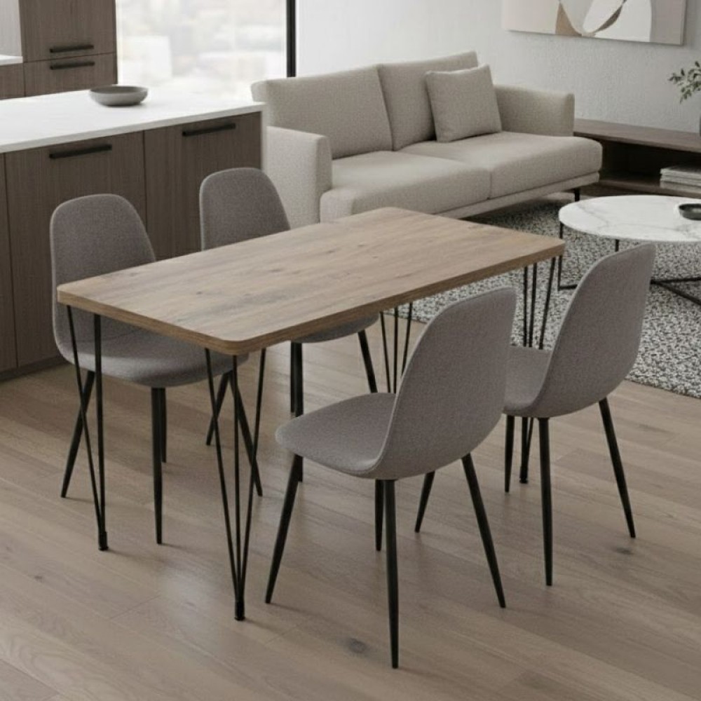 Σετ τραπεζαρία 5τμχ Roger - Iris Megapap Mdf - ύφασμα χρώμα ακακίας - ανοιχτό μπεζ 120x70x75εκ.