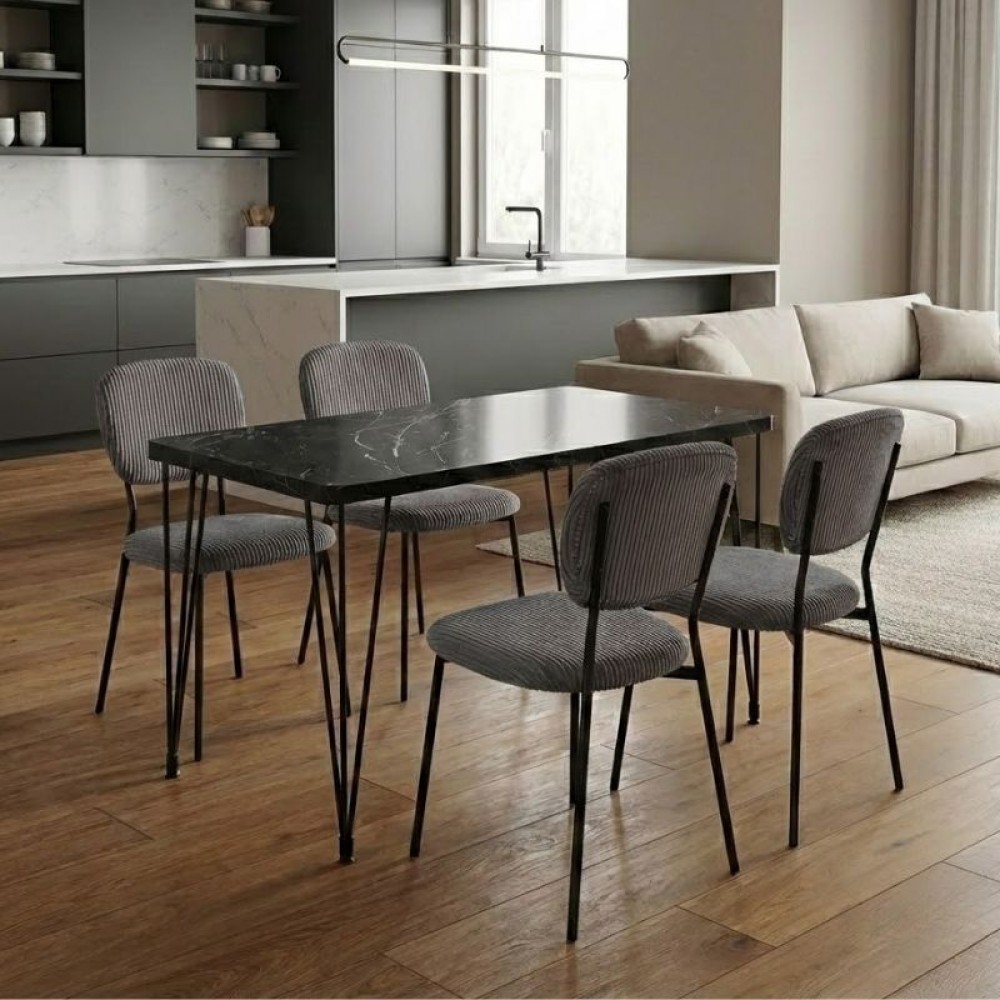 Σετ τραπεζαρία 5τμχ Roger - Kevin Megapap Mdf - ύφασμα χρώμα μαύρο εφέ μαρμάρου - γκρι 120x70x75εκ.