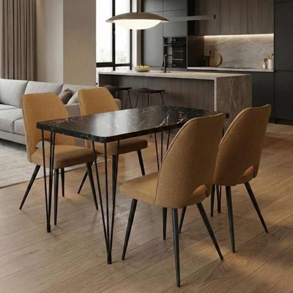 Σετ τραπεζαρία 5τμχ Roger - Christy Megapap Mdf - ύφασμα χρώμα μαύρο εφέ μαρμάρου - μουσταρδί 120x70x75εκ.