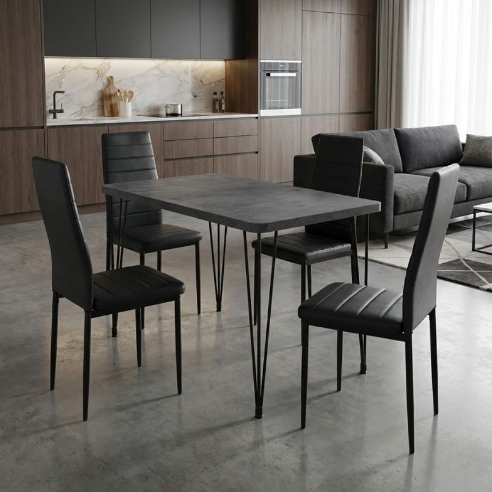 Σετ τραπεζαρία 5τμχ Roger - Rosa Megapap Mdf - PU χρώμα σκούρο γκρι σκυροδέματος - μαύρο 120x70x75εκ.