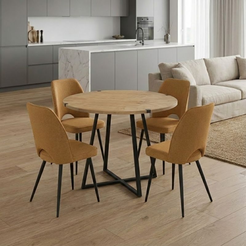 Σετ τραπεζαρία 5τμχ Rubes - Christy Megapap χρώμα φυσικό οξιάς - μουσταρδί Ø100x78εκ.