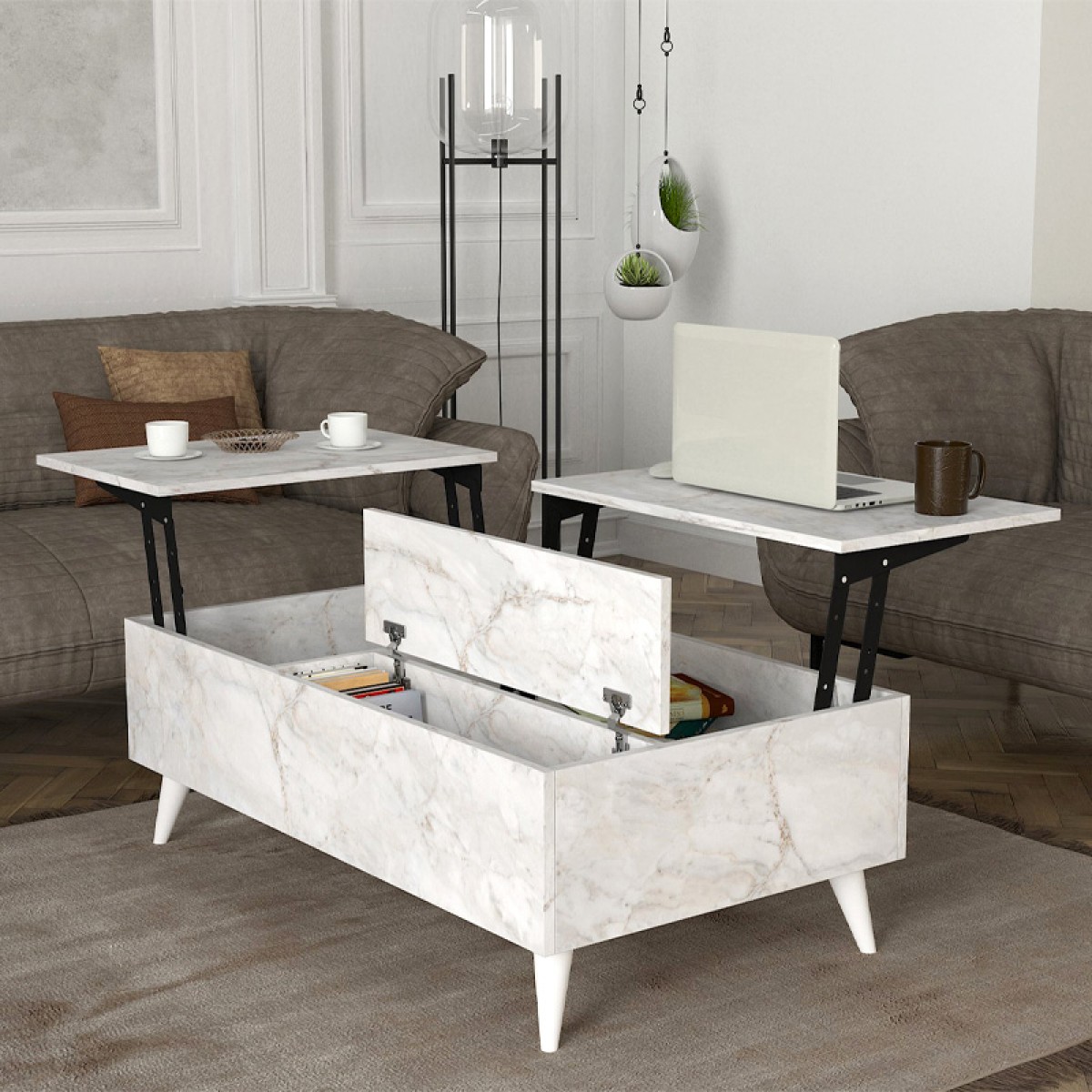 Τραπεζάκι σαλονιού Roy Megapap με σερβιτόρο χρώμα λευκό εφέ μαρμάρου 121x69x40εκ.