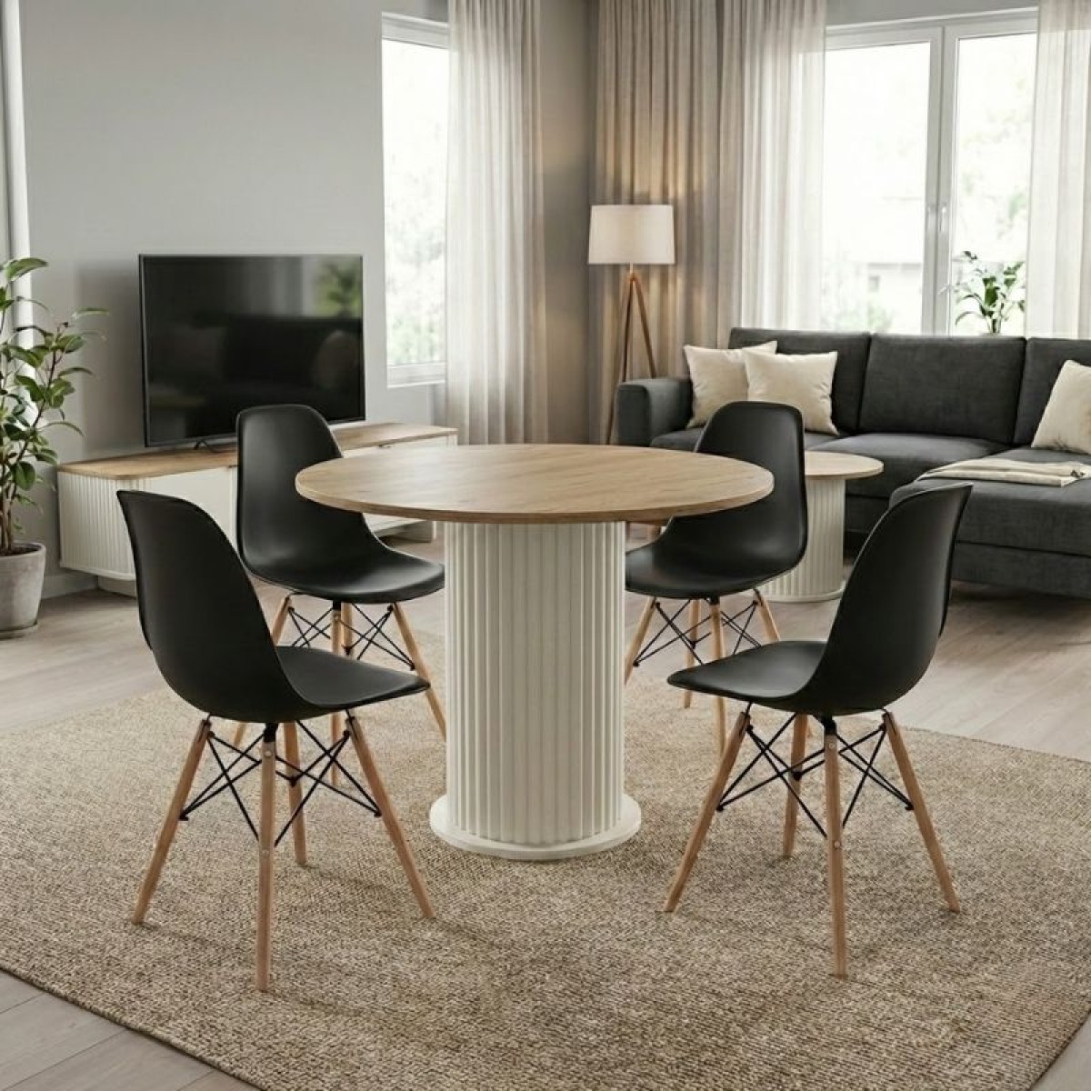 Σετ τραπεζαρία 5τμχ Bohema - Nova Megapap χρώμα ivory/sepet oak - μαύρο Ø90x77,7εκ.