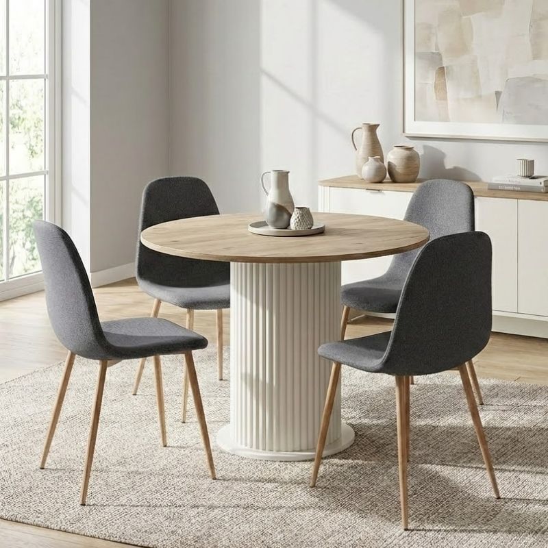 Σετ τραπεζαρία 5τμχ Bohema - Iris Megapap χρώμα ivory/sepet oak - γκρι Ø90x77,7εκ.