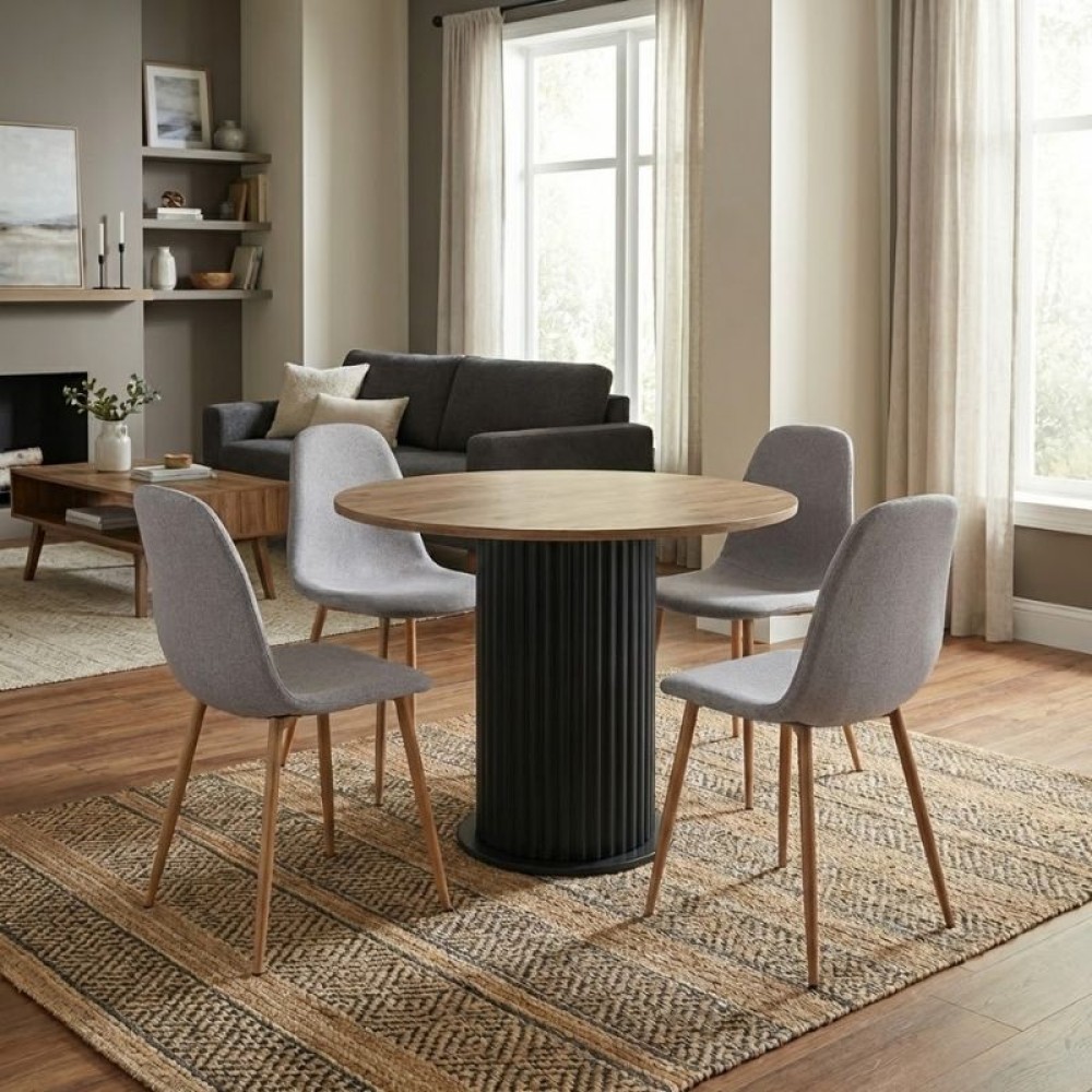 Σετ τραπεζαρία 5τμχ Bohema - Iris Megapap χρώμα μαύρο/sepet oak - ανοιχτό μπεζ/φυσικό πόδι Ø90x77,7εκ.