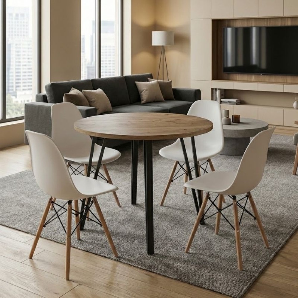 Σετ τραπεζαρία 5τμχ Xana - Nova Megapap χρώμα sepet oak - λευκό Ø90x77,5εκ.