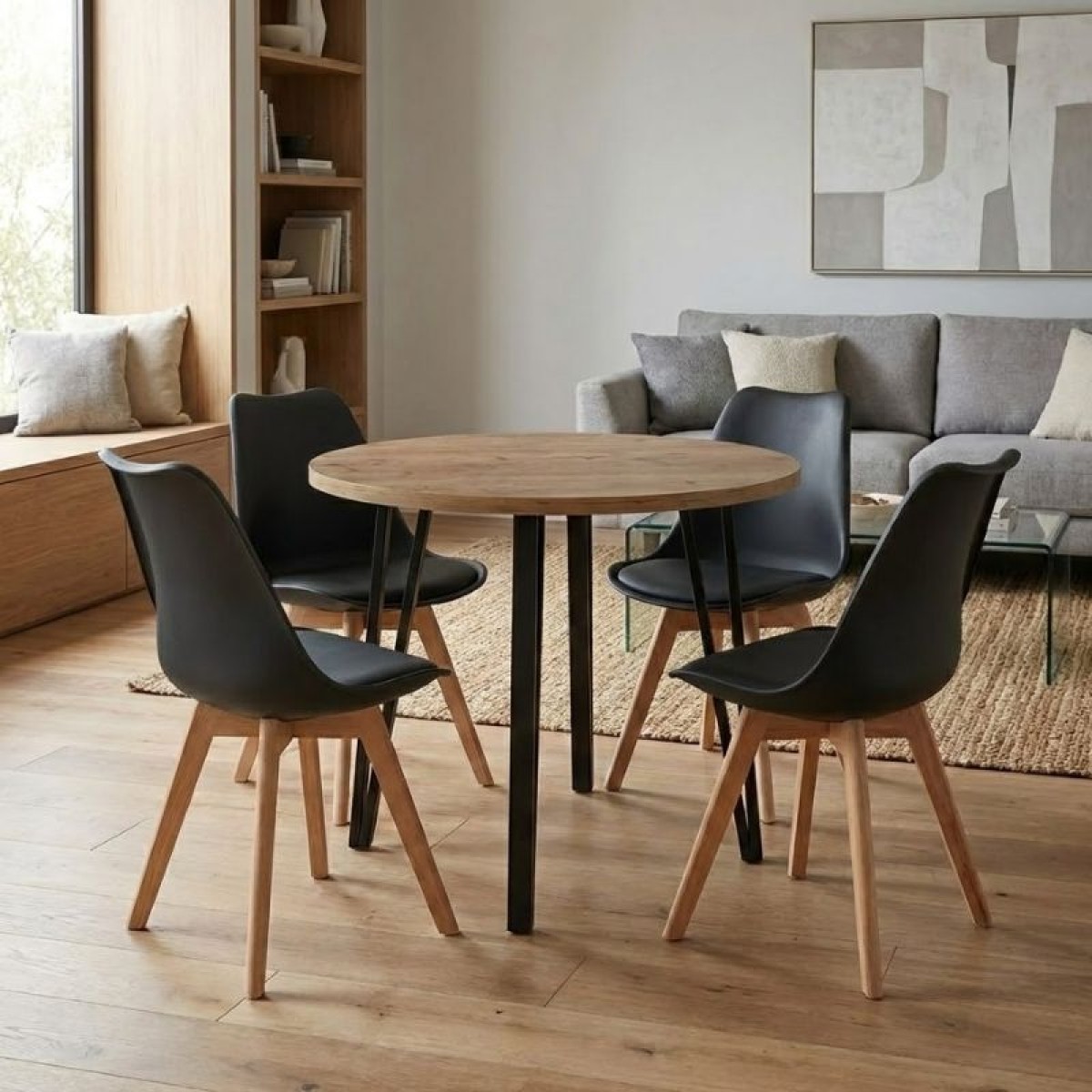 Σετ τραπεζαρία 5τμχ Xana - Viva Megapap χρώμα sepet oak - μαύρο Ø90x77,5εκ.