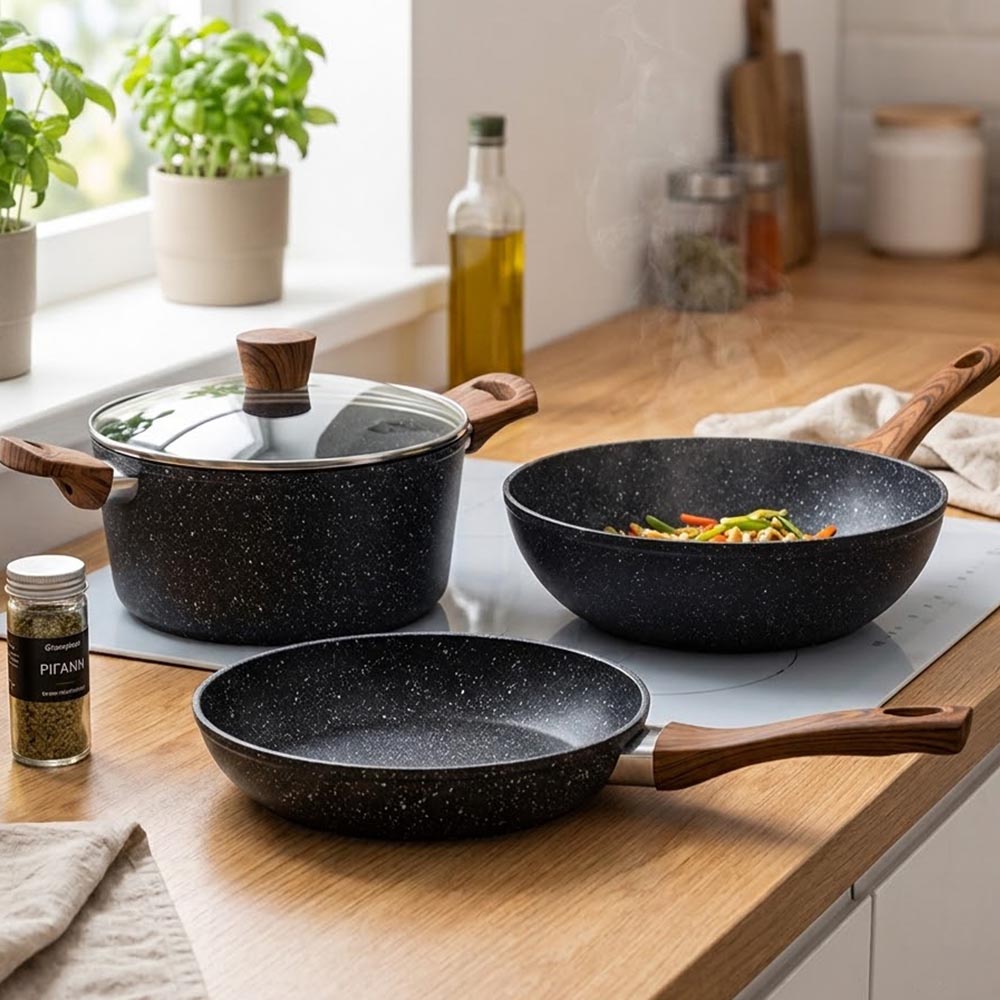 Nava Nature Asian & Feast Chef Σετ 3 Τεμαχίων: Τηγάνι Wok 28cm, Αντικολλητικό Τηγάνι 26cm & Κατσαρόλα 28cm (6.6lt)