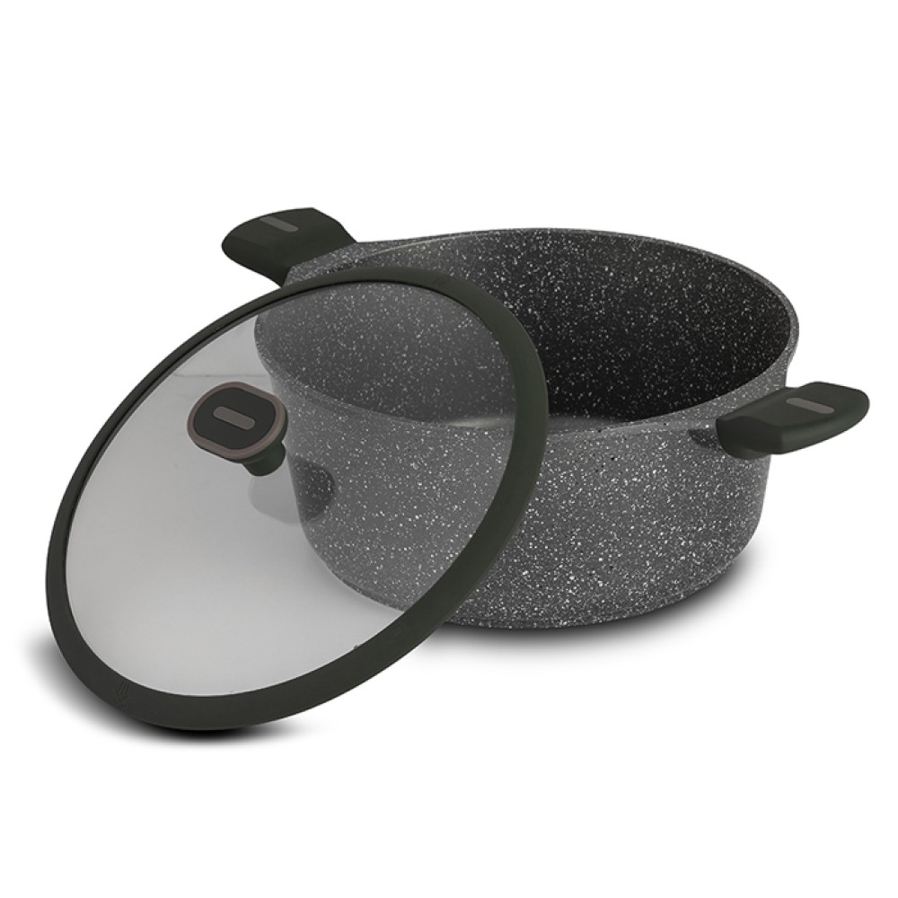 Nava Olea Κατσαρόλα 28cm από Χυτό Αλουμίνιο με 5 Αντικολλητικές Επιστρώσεις Stone & Γυάλινο Καπάκι