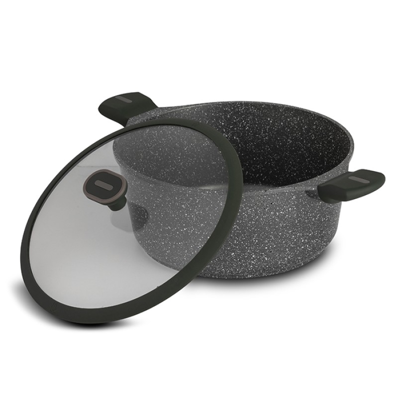 Nava Olea Κατσαρόλα 28cm από Χυτό Αλουμίνιο με 5 Αντικολλητικές Επιστρώσεις Stone & Γυάλινο Καπάκι