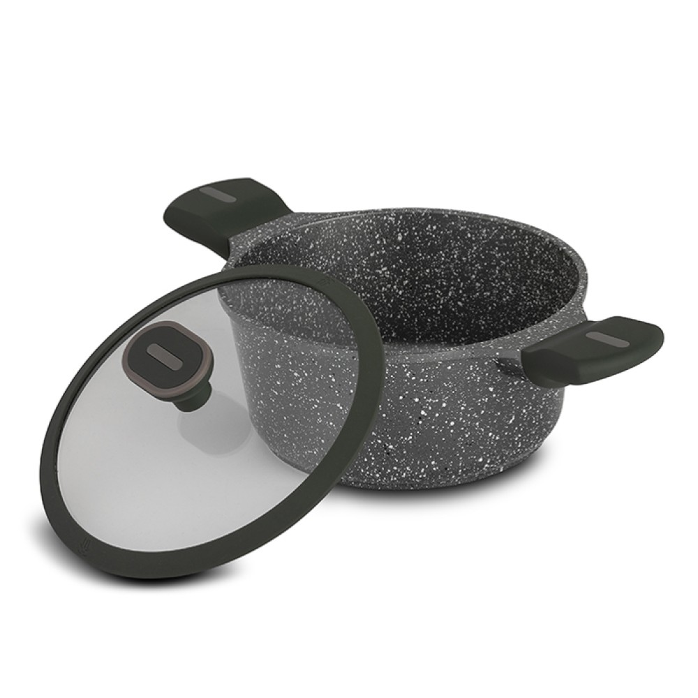 Nava Olea Κατσαρόλα 20cm από Χυτό Αλουμίνιο με 5 Αντικολλητικές Επιστρώσεις Stone & Γυάλινο Καπάκι