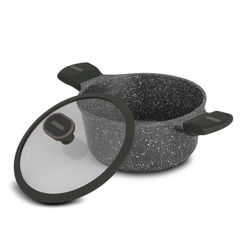Nava Olea Κατσαρόλα 20cm από Χυτό Αλουμίνιο με 5 Αντικολλητικές Επιστρώσεις Stone & Γυάλινο Καπάκι