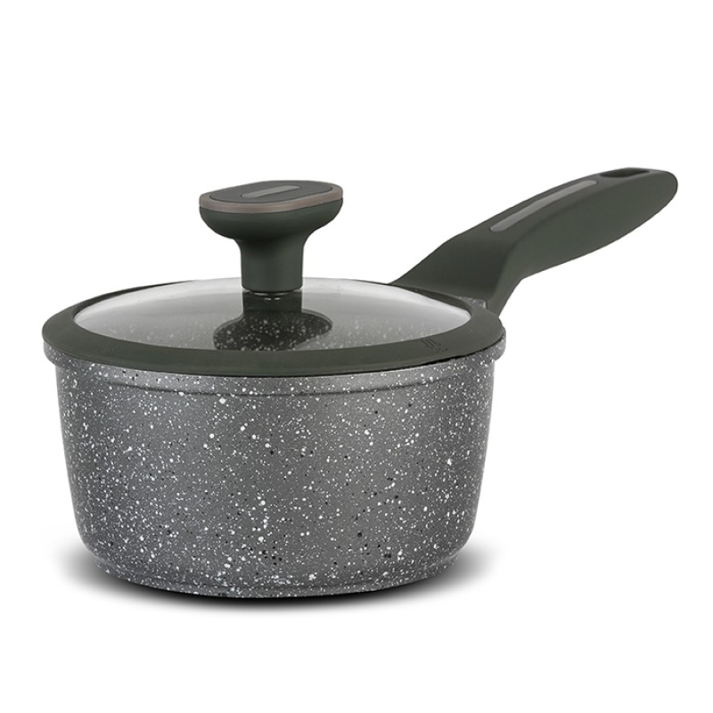 Nava Olea Γαλατιέρα - Σωτέζα 18cm από Χυτό Αλουμίνιο με 5 Αντικολλητικές Επιστρώσεις Stone & Γυάλινο Καπάκι